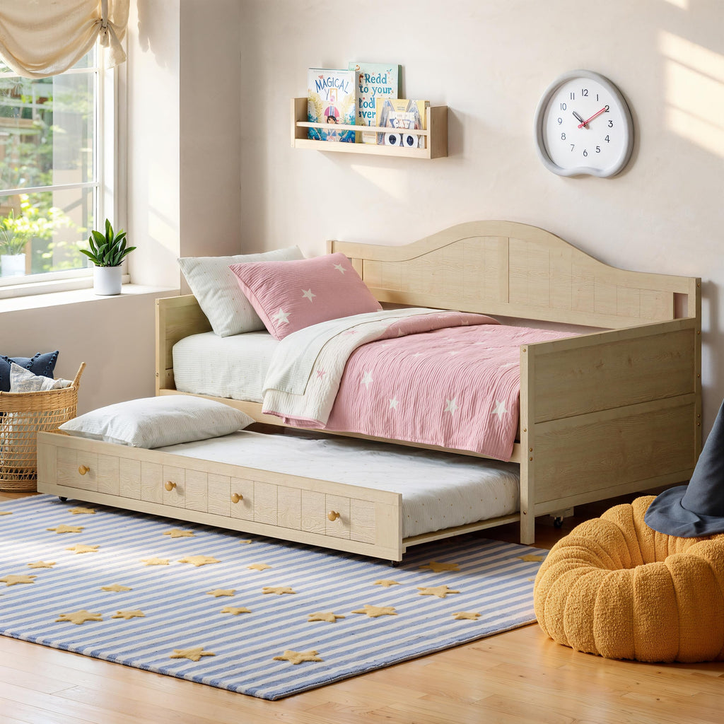 Twin Size Wooden Daybed with Trundle, Natural Wood