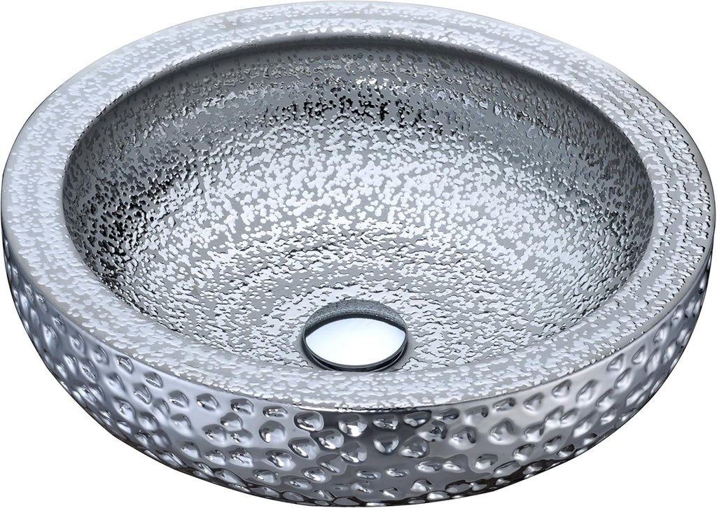 Tempered Glass Vessel Bowl Sink in Speckled Silver, Silver Top Mount Bathroom Sinks Above Counter
