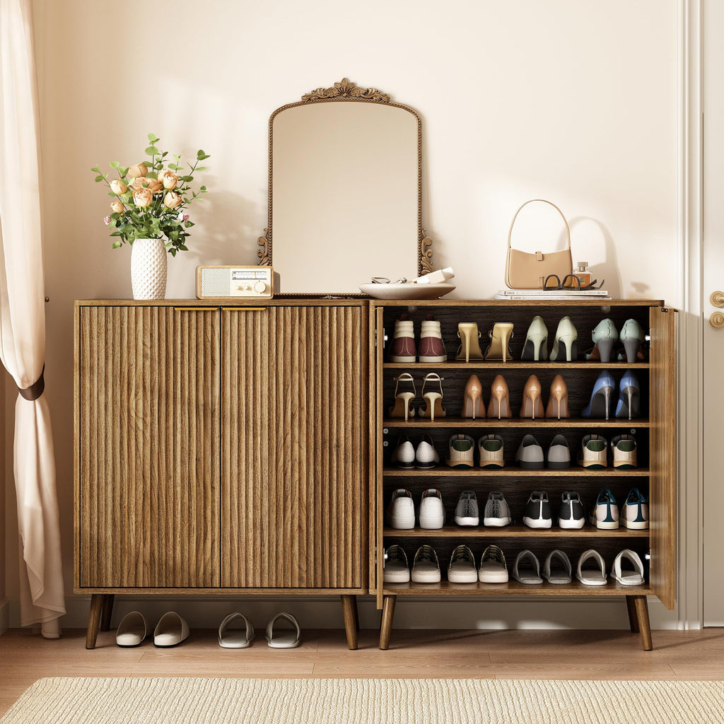 5-Tier Shoe Storage Cabinet with Adjustable Shelves, Natural Oak丨Fluted Shoe Cabinet Set of 2 with Doors, Wooden