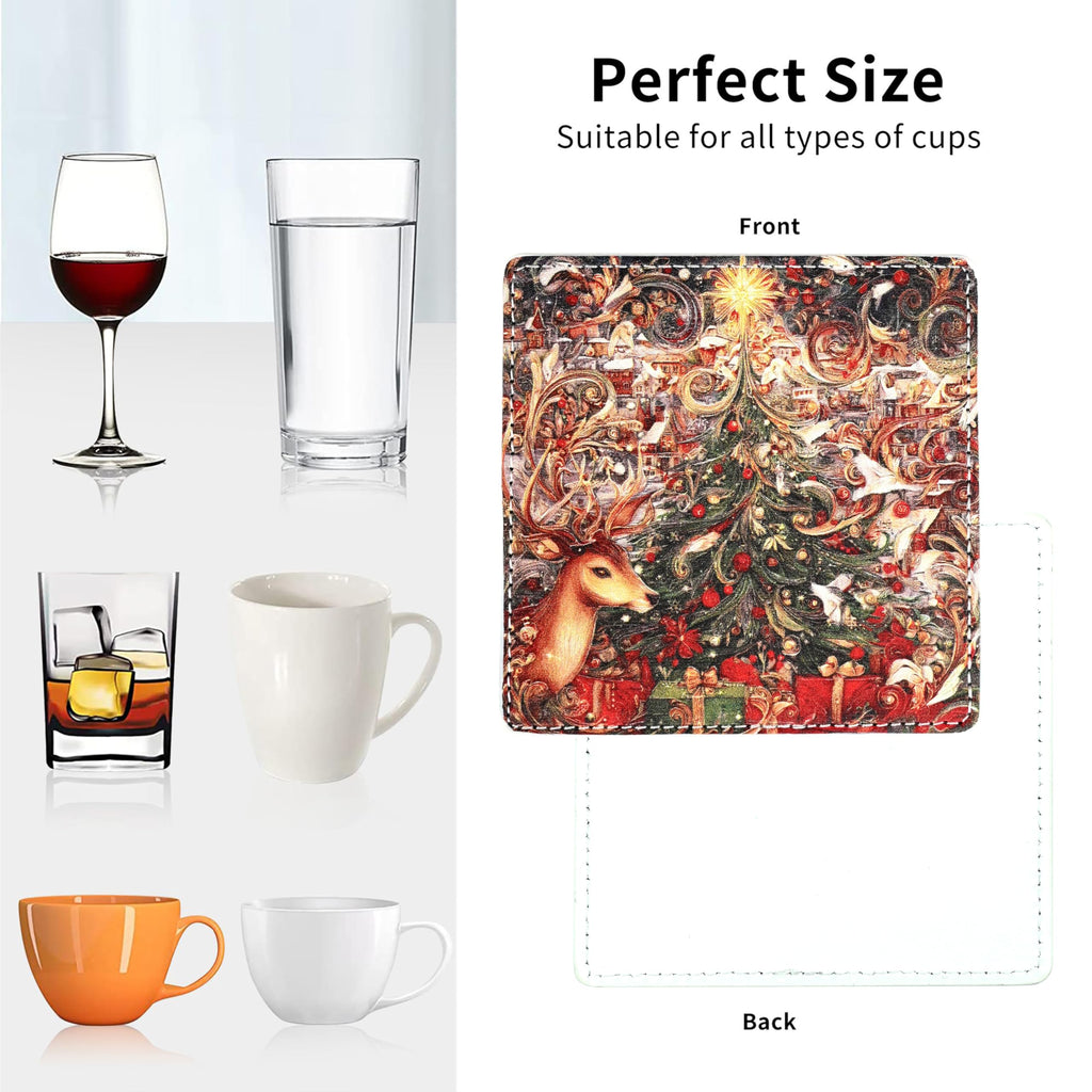 Christmas Coasters Square Leather Drinks Coaster Set with Holder for Coffee Table Bar Home Decor 4 Inches Set of 6