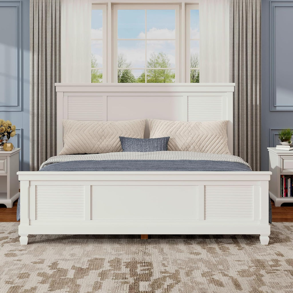 Queen Bed Frame with Wood Headboard, Farmhouse White Platform Bed Frame with Sturdy Wooden Support Slats, No Box