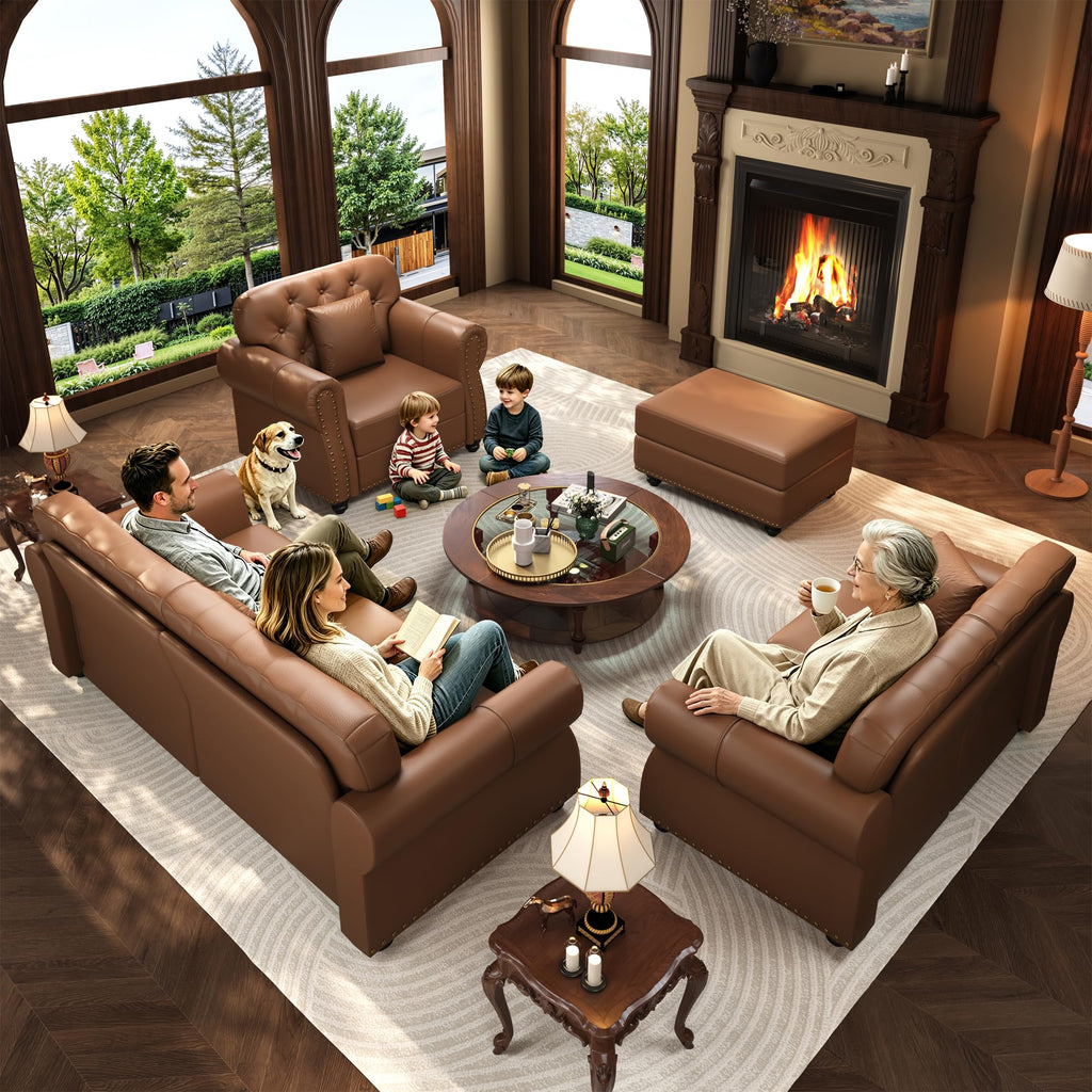 41.3'' Faux Leather Chesterfield Sofa & Ottoman Set, Brown