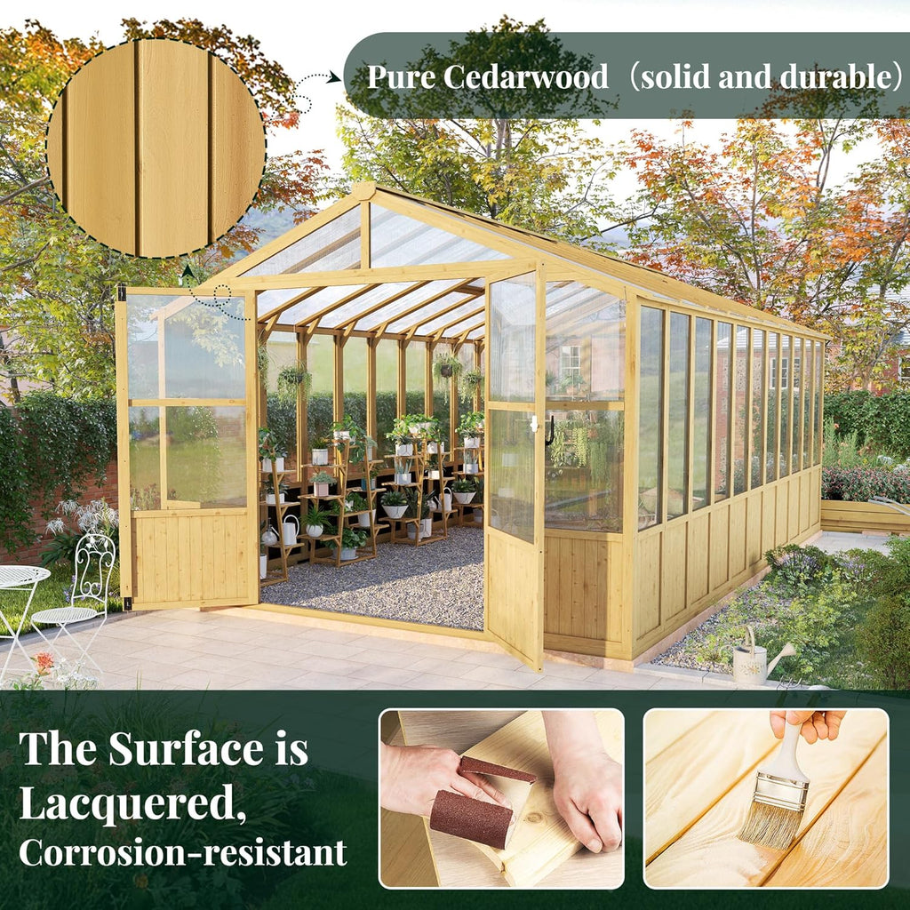 10 x 18-Ft Wooden Greenhouse | Walk-In Cedar Frame, Lockable Door, 2 Adjustable Roof Vents, Polycarbonate Panels, for