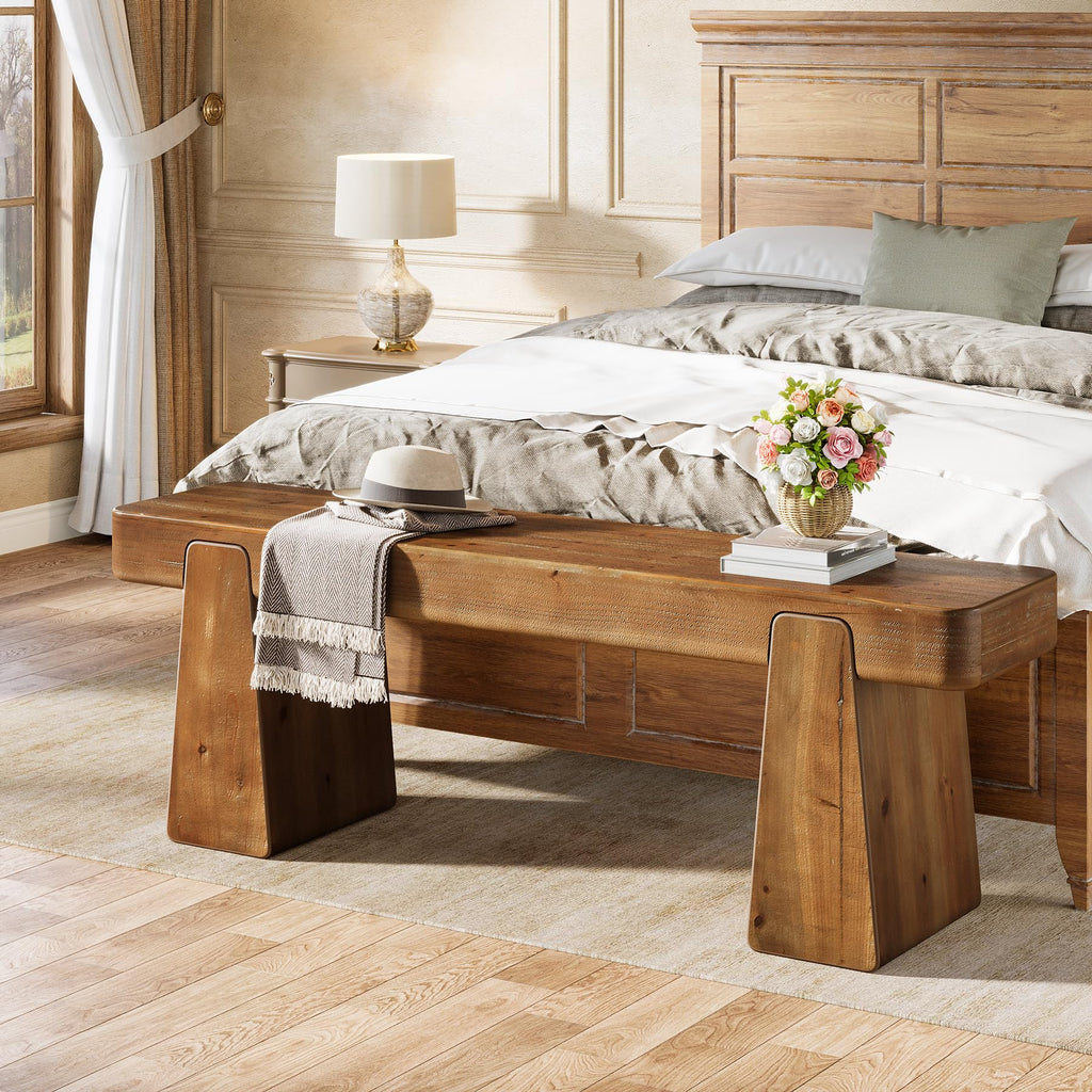 Solid Wood Bench, 47-Inch Farmhouse Wood Entryway Bench with Thickened Legs, Narrow Indoor Wooden Bench for Entry