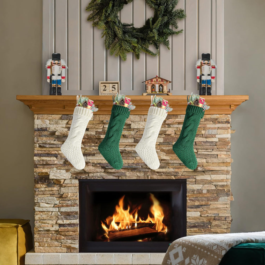 Ivory and Green Cable Knit Christmas Stockings Bulk Family Vintage Xmas Stockings for Fireplace Hanging 20" Long,4