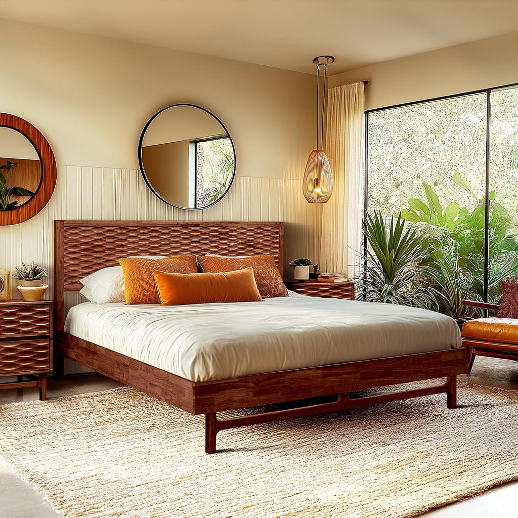 Elara Wood Bed Frame with CNC-Carved Headboard, King Size, Walnut