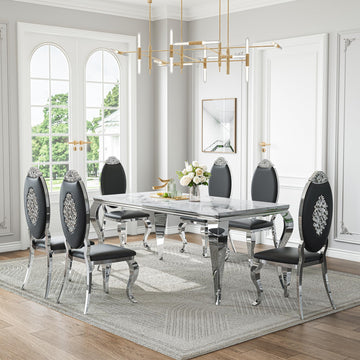 Modern Marble Dining Table Set of 7, 70" Faux Marble Kitchen Table with 6 Leather Upholstered Chairs, White Marble