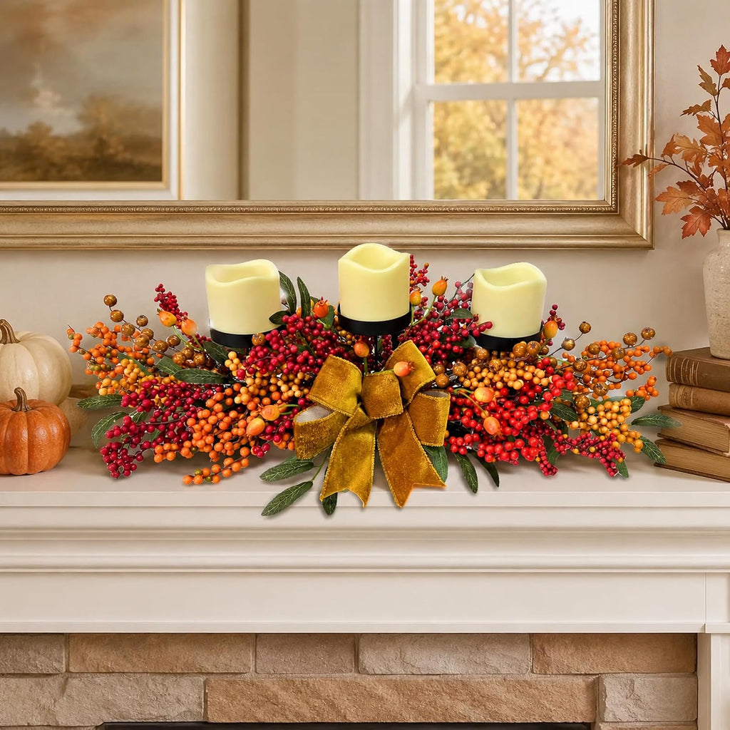 25 Inch Fall Candle Holder Centerpiece with Berry Branches and Bow