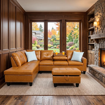 Faux Leather L-Shaped Couch Set, 98"L x 71"W Sectional Sofa Orange