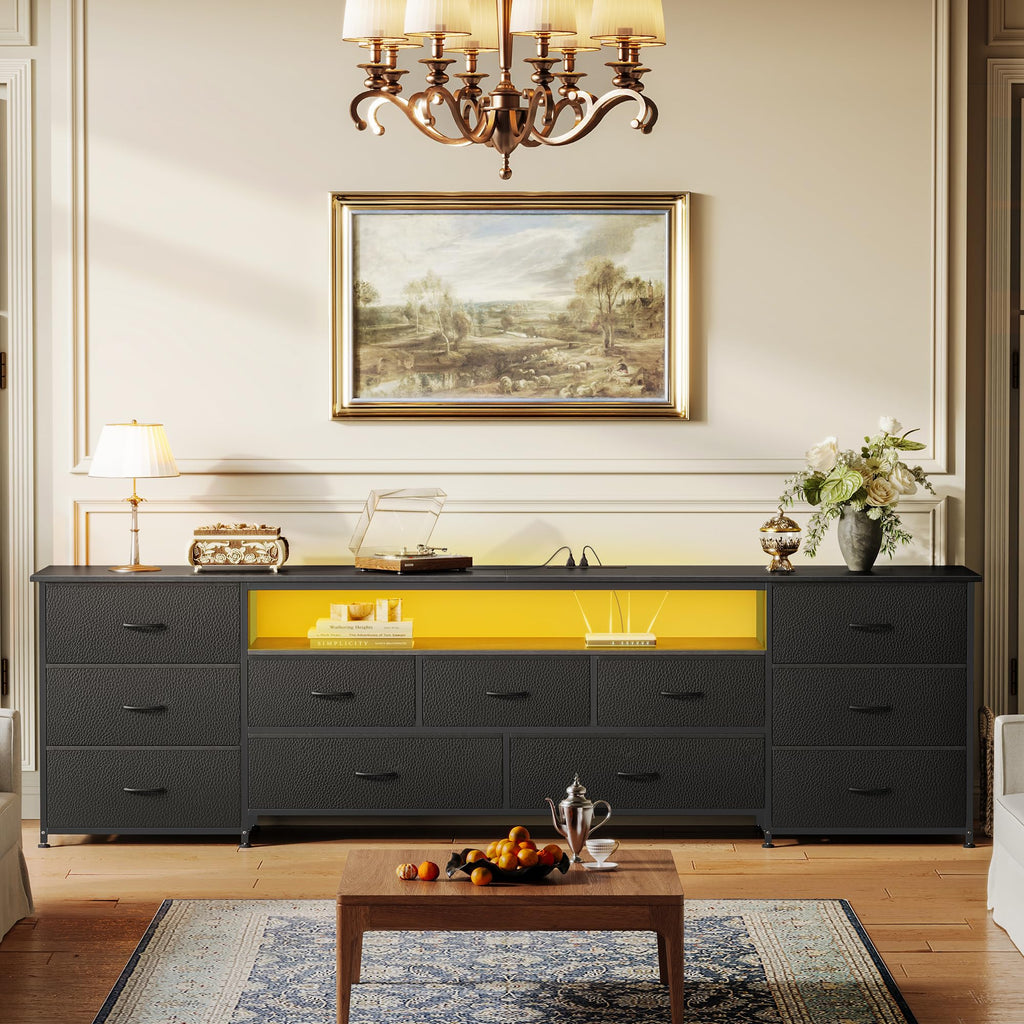 78.7 Inch TV Stand for 75, 80 Inch TV, 11 Drawer Long Dresser with Power Outlets and LED Lights, Entertainment Center
