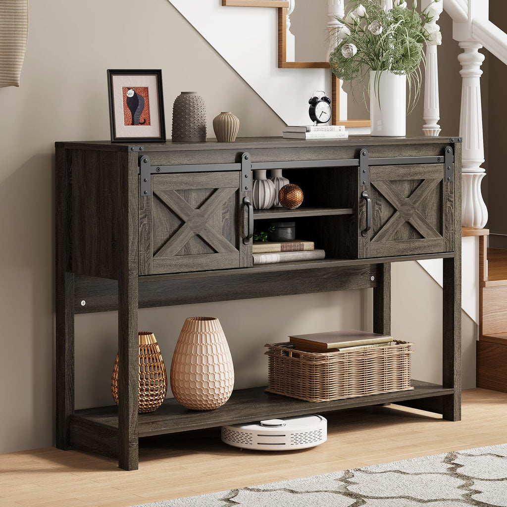 46" Long Console Table with Storage Shelf & Sliding Barn Door