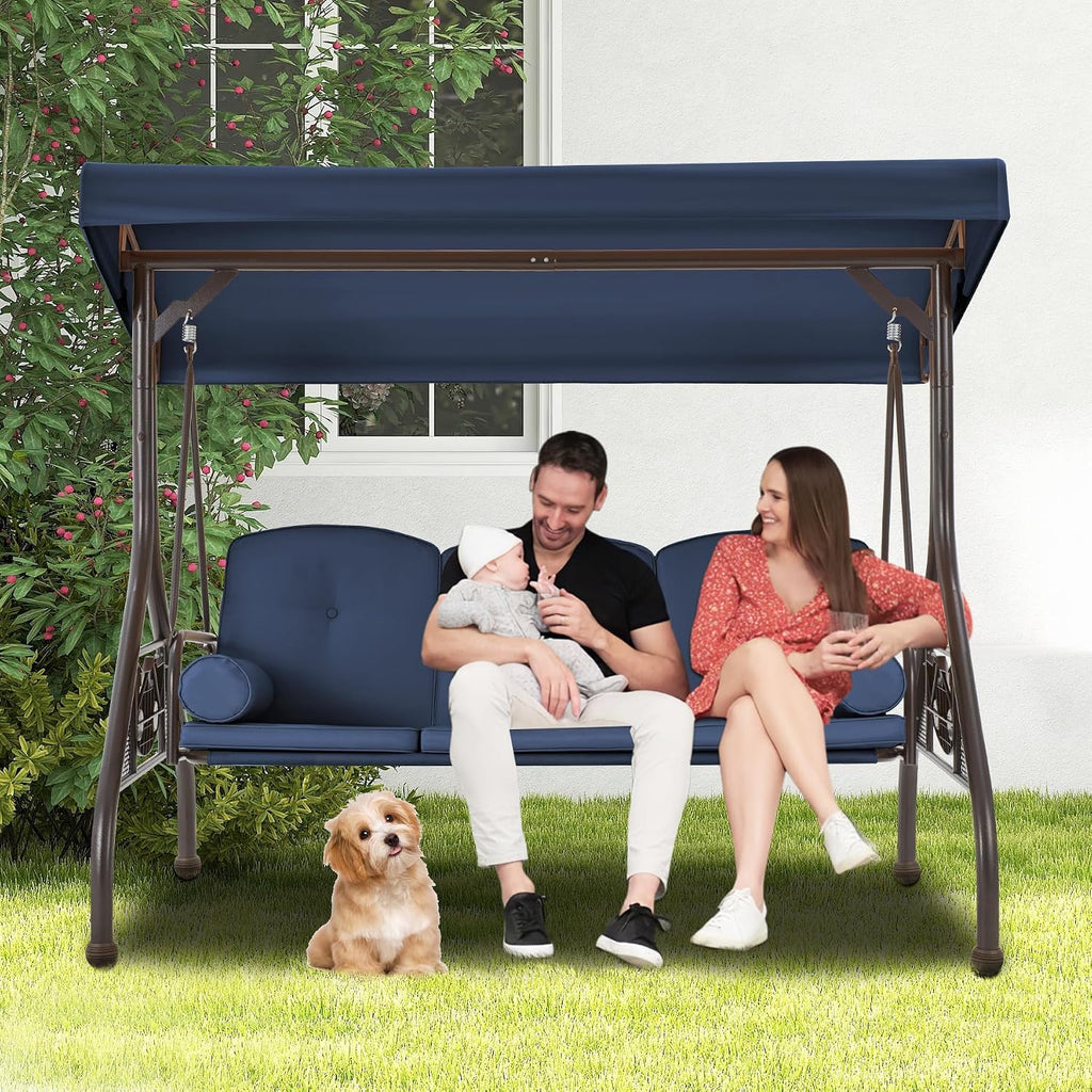 3-Seat Outdoor Porch Swing with Adjustable Canopy, Convertible 2-in-1 Patio Swing Bed with Heavy Duty Stand, Glider