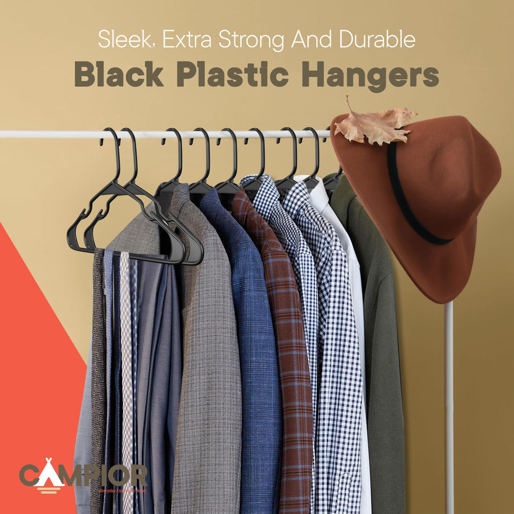 Black Plastic Hangers 50 Pack- Heavy-Duty Plastic Hangers Slim and Space-Saving, Durable and Lightweight PP with