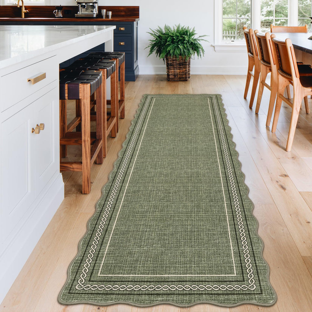 Scalloped Washable Runner Rug Non Slip, Green