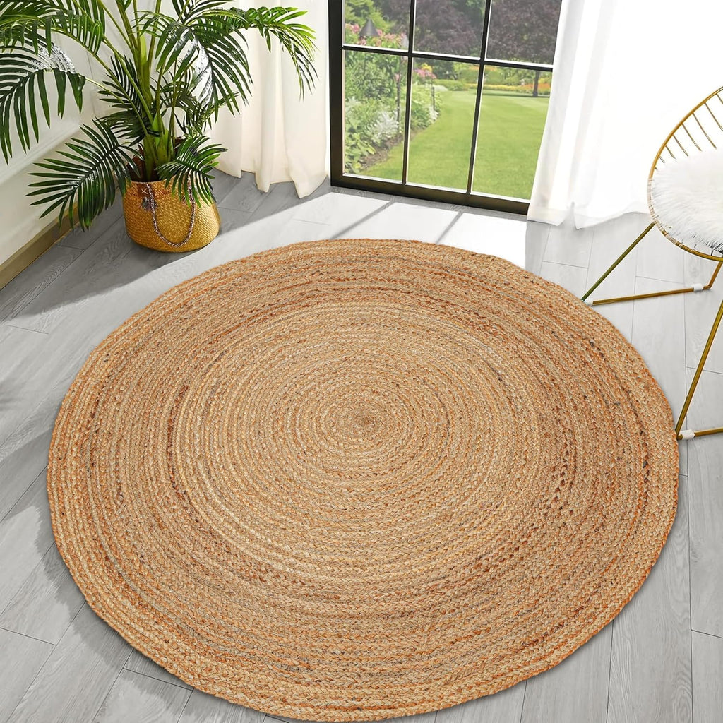 Hand Woven Jute Area Rug - Circle Boho Round Jute Rug 5 Foot | 5' Round - Rustic Beige Reversible Farmhouse Rugs
