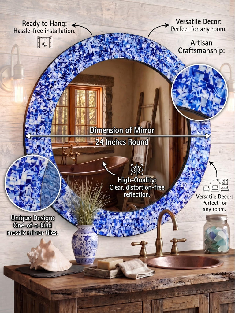 24" Round Mosaic Wall Mirror Sapphire Blue & Silver Glass Tile Frame Handmade Decorative Accent Mirror Bathroom
