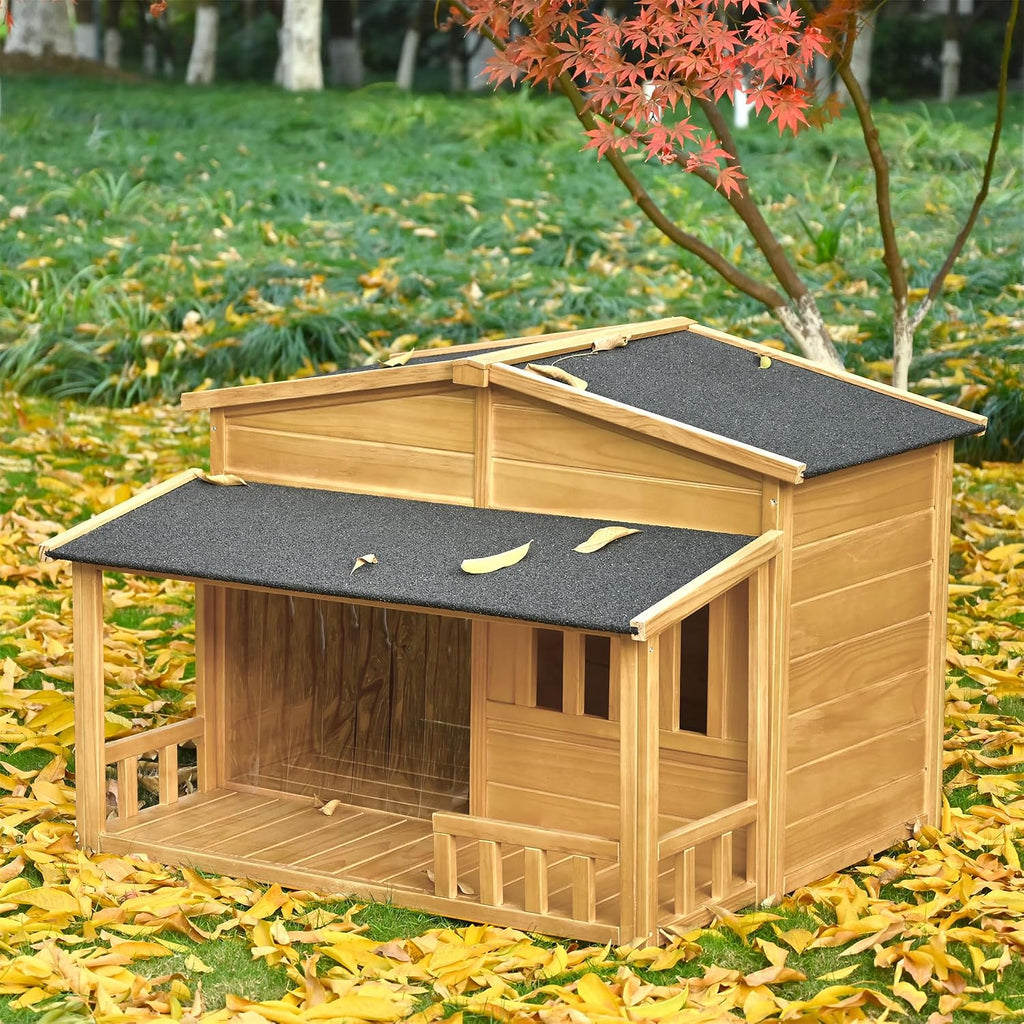 47.2" Medium Size Wooden Dog House with Porch Removable Door Curtain Pet Kennel Cabin Style Raised Dog Shelter