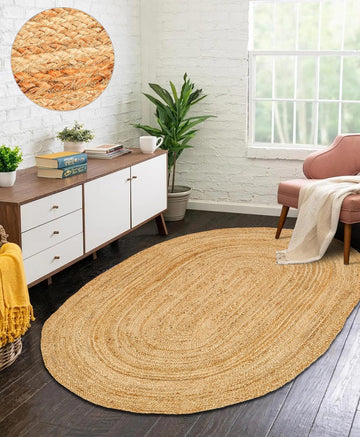 Hand Woven Jute Area Rug - 5' x 8' Feet - Rustic Beige Reversible Oval Rugs - Vintage Natural Braided Entry Floor