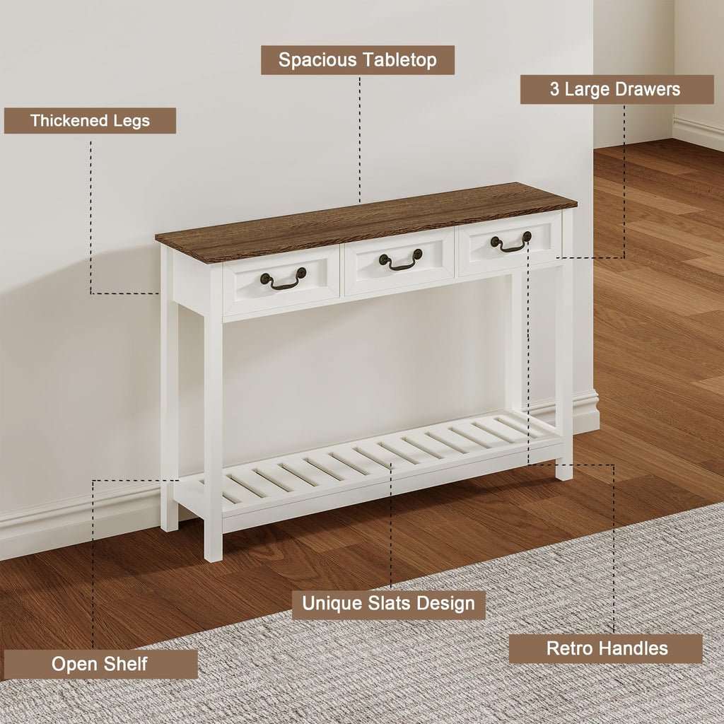 47" Farmhouse Entryway Table with 3 Drawers and Storage Shelf