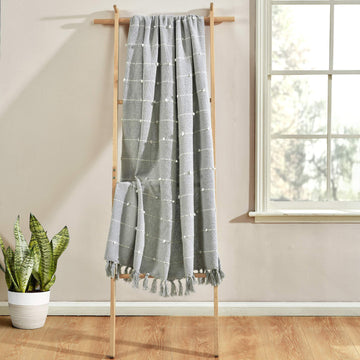 Boho Tufted Cotton Woven Tassel Fringe Throw Blanket Single 50" W x 60" L Light Gray - Gray Throw Blankets for Bed