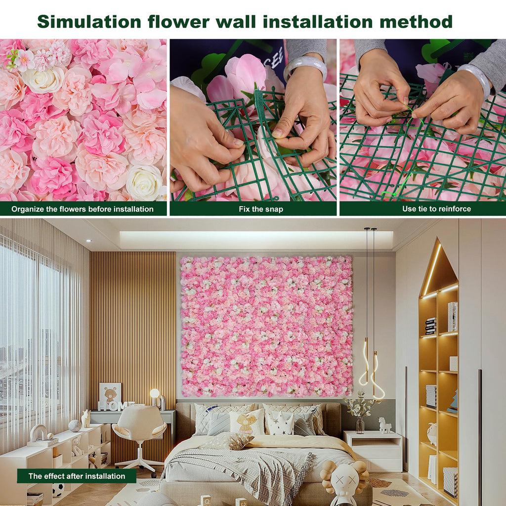 Flower Wall Backdrop 6pcs 16.5"x16.5"Artificial Floral Panels-Pink