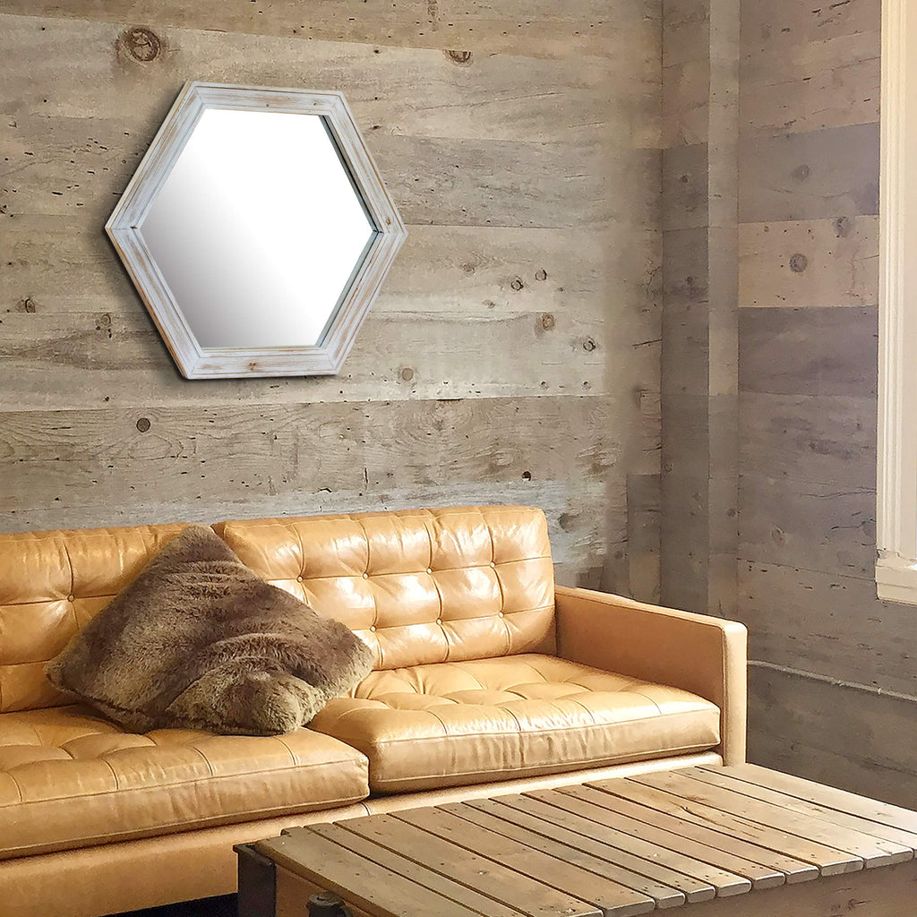 Decorative 24" Hexagon Wall Mirror with Worn White Wood Frame and Attached Hanging Bracket, Decorative Country Rustic