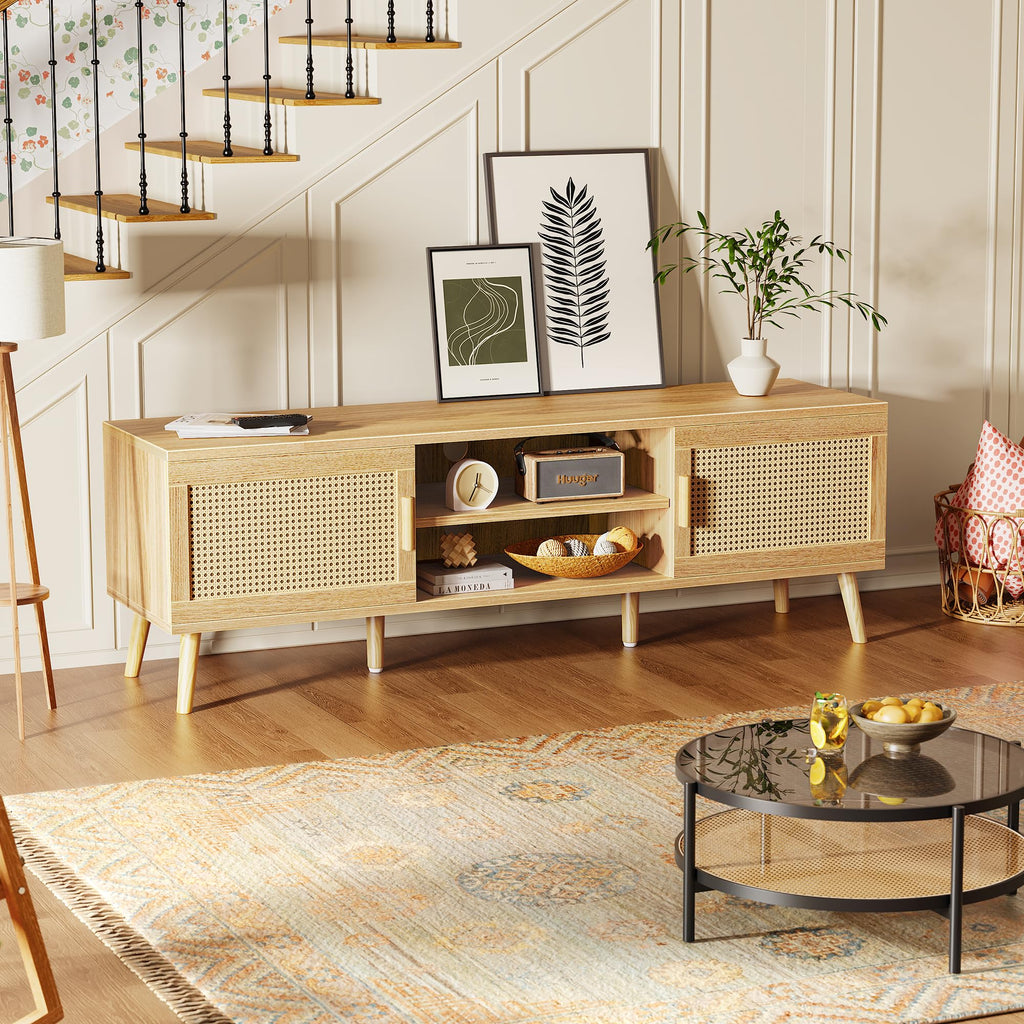 Boho TV Stand for 65 Inch TV, Entertainment Center with Adjustable Shelf, Rattan TV Console with 2 Cabinets, Media