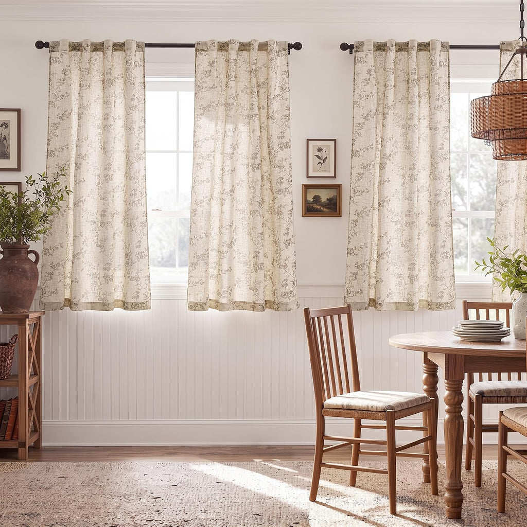 Floral Linen Curtains Taupe Flower Curtain Rod Pocket Back Tab Farmhouse Curtains with Printed Floral