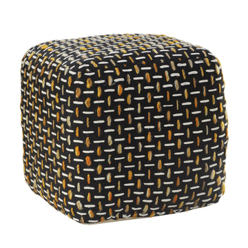 LR Home Hand-Woven Black/Gold/White Geometric Square Ottoman Pouf Decor | Lightweight Foot Rest | 16 x 16 x 16