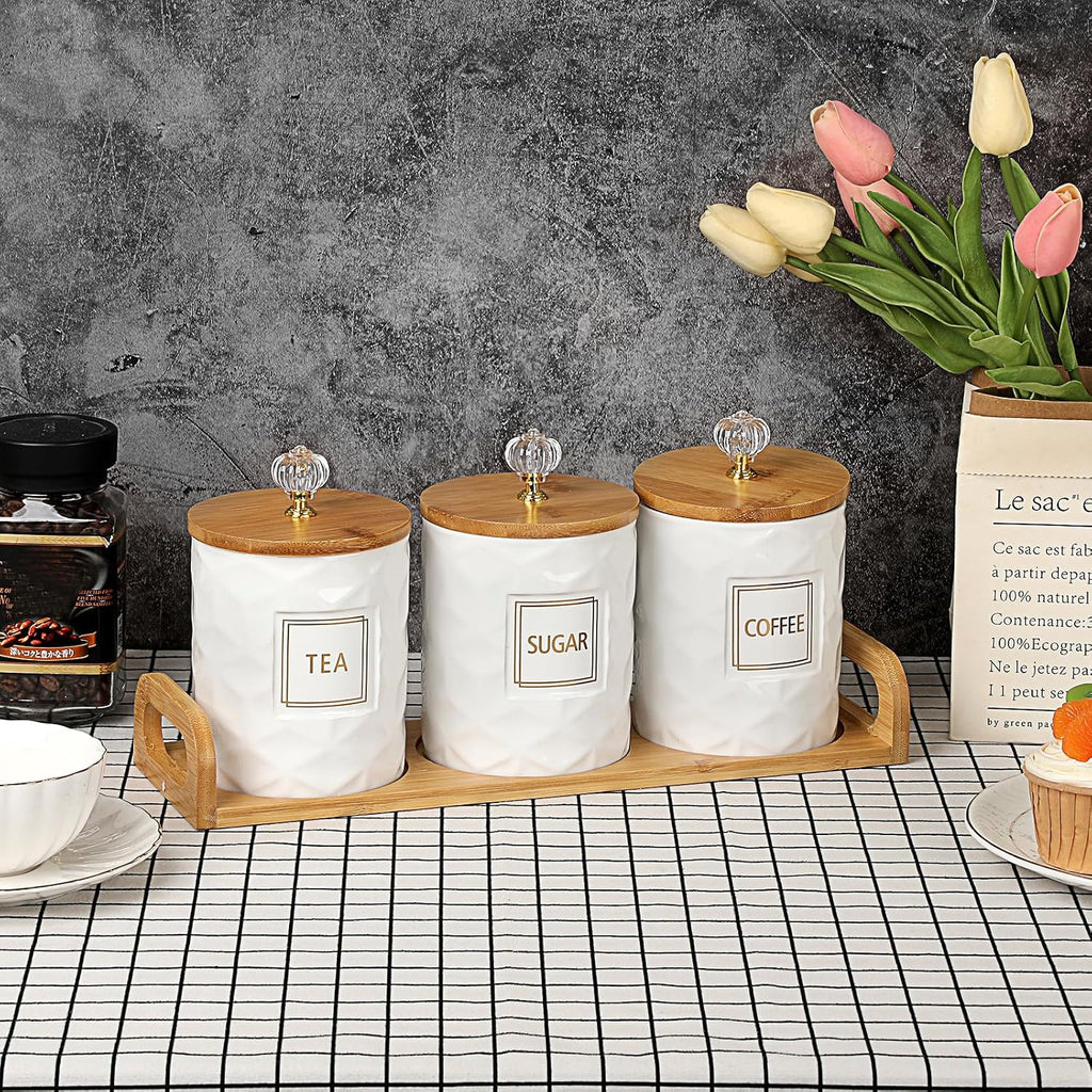Ceramic Coffee Sugar Tea Canister Set with Lid and Tray - Set of 3