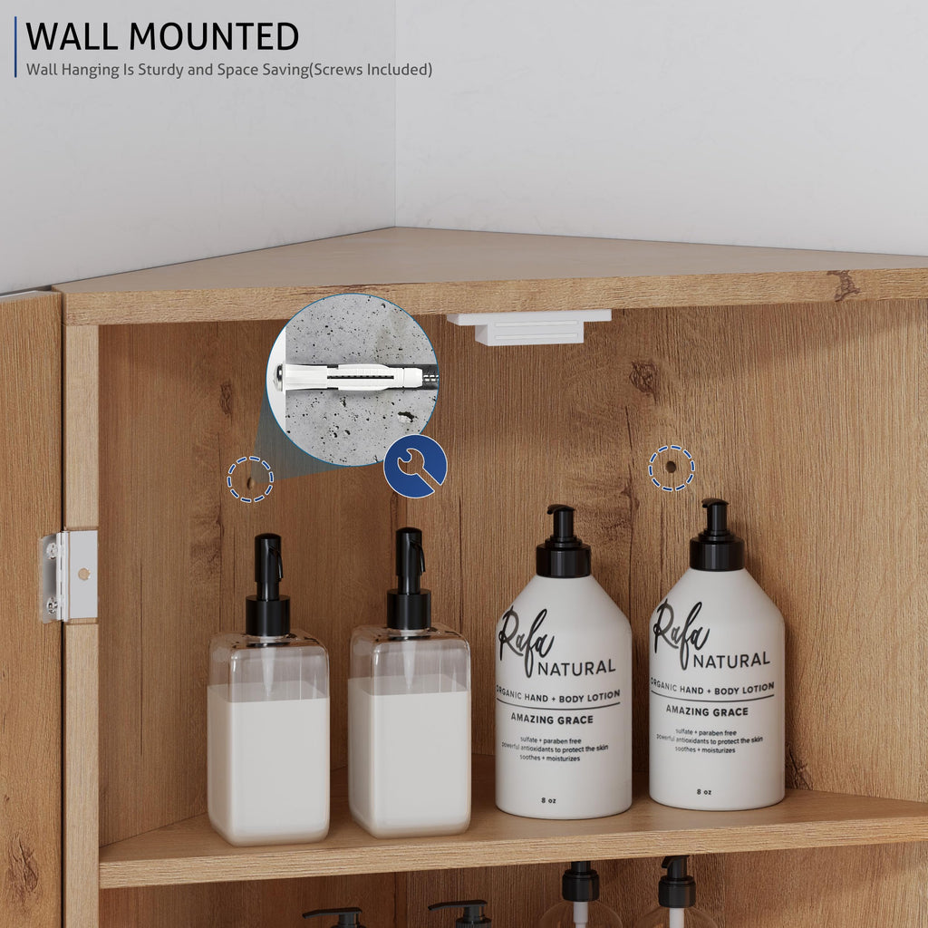 24" Bathroom Corner Medicine Cabinet W/Mirror, Double Doors Bathroom Nature Wall Mount Mirror Cabinet, Hanging Triple