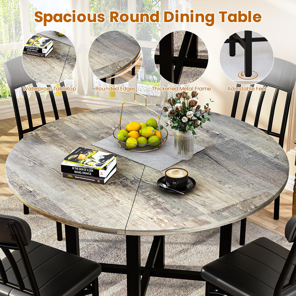 Round Dining Table Set for 4, Wood Table, with 4 Leather Chair, Grey