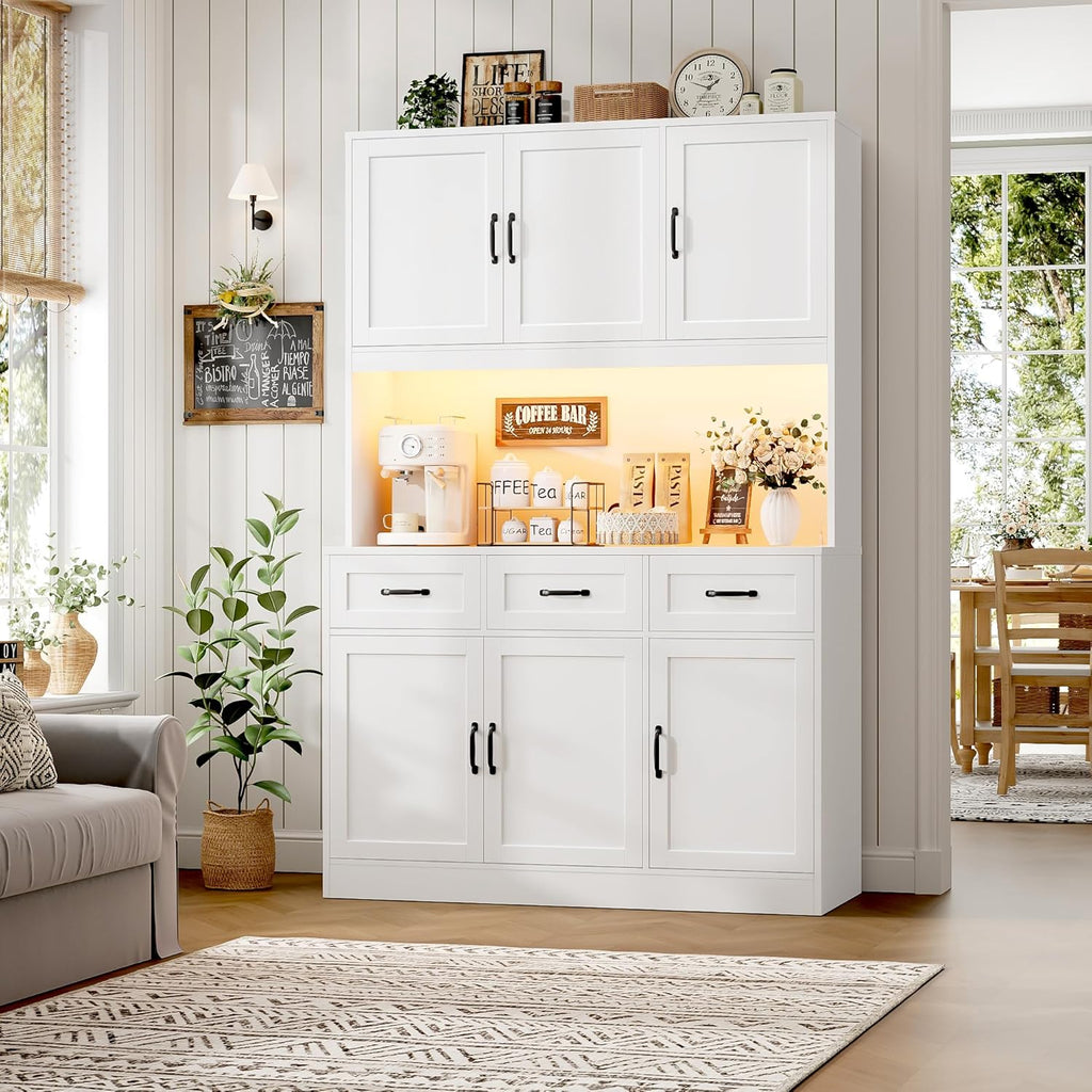 Kitchen Pantry Storage Cabinet, Tall Kitchen Hutch Cabinet, White | 47"W Food Pantry Cabinet with Smart LED /