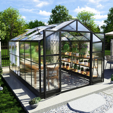 8x12x7FT Polycarbonate Greenhouse, Walk in Greenhouse with Quick-Connect System, Green House with 4 Vent Windows and