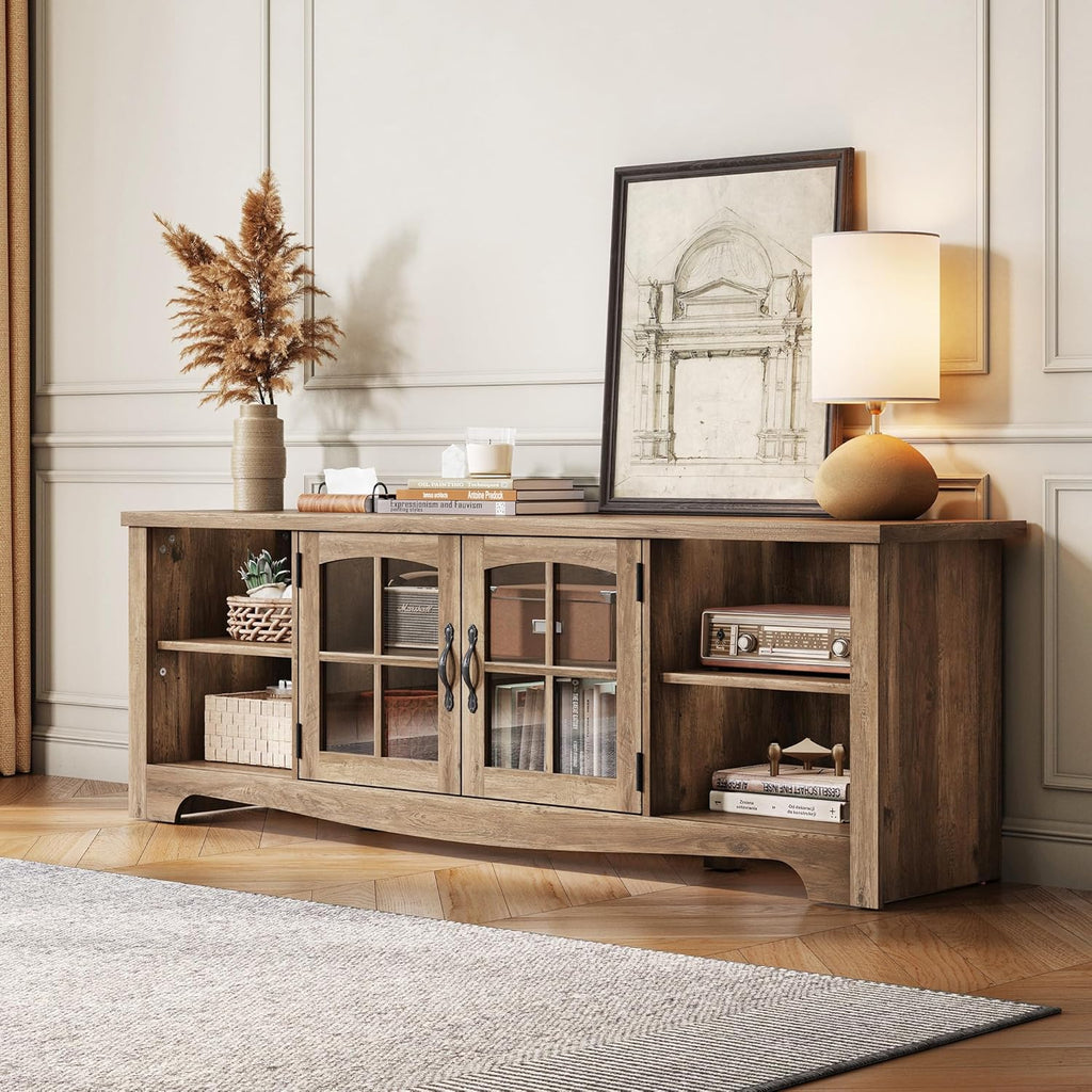 TV Stand for 75 Inch TV, Modern Farmhouse Entertainment Center with Storage Cabinets and Glass Doors, Tall Media