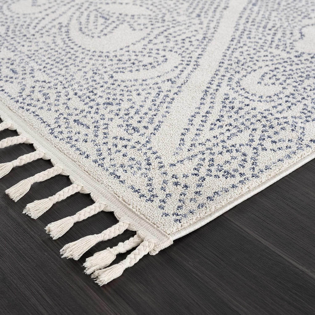 Birdwood Living Room, Bedroom Area Rug - Floral Geometric Diamond Border Mosaic - Scandinavian Traditional