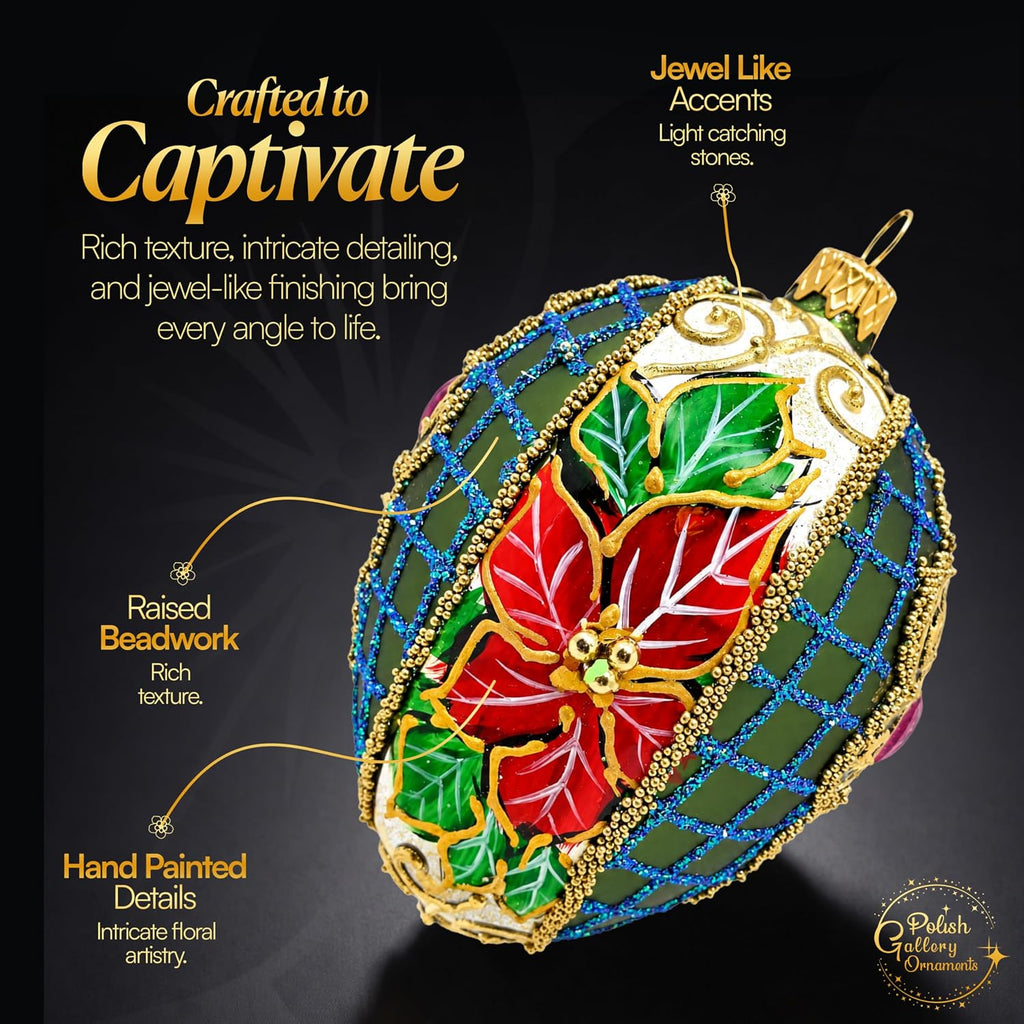 5 Inch Olive Matte Red Poinsettia Fabergé Style Egg | Vintage Ornament | Mouth Blown and Hand Painted in Poland