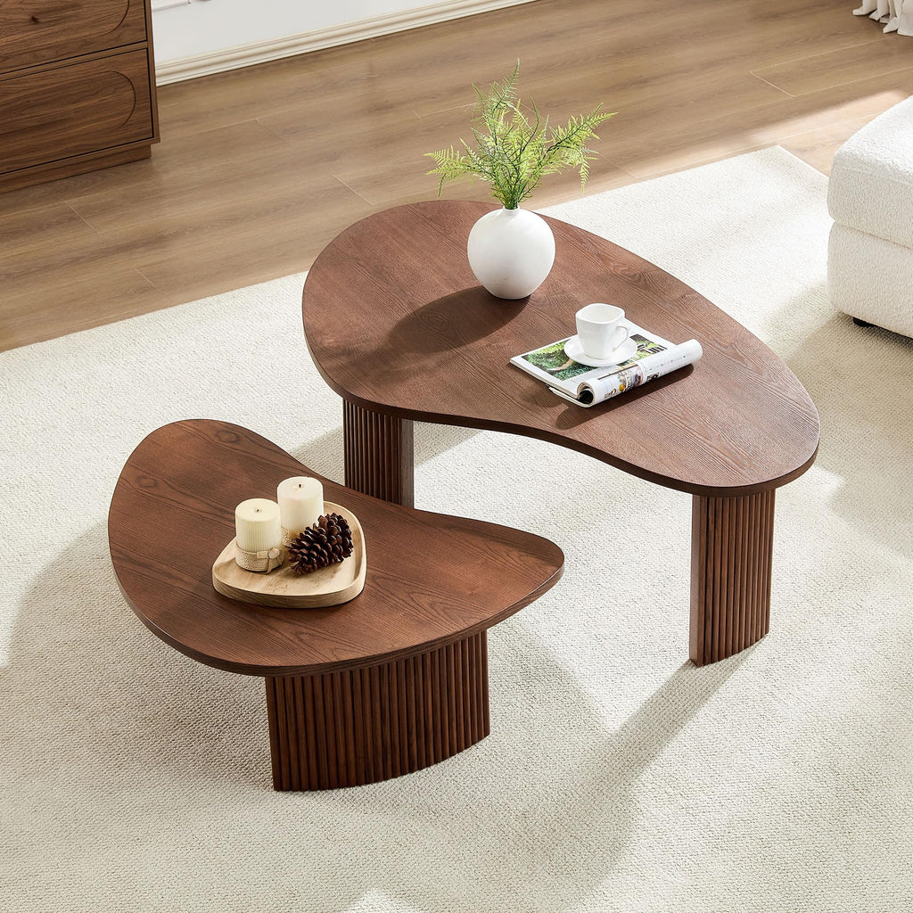 Nesting Coffee Tables Set of 2, Vintage 2 Piece Irregular Wood Center End Side Apartment, Unique Triangle Shaped with