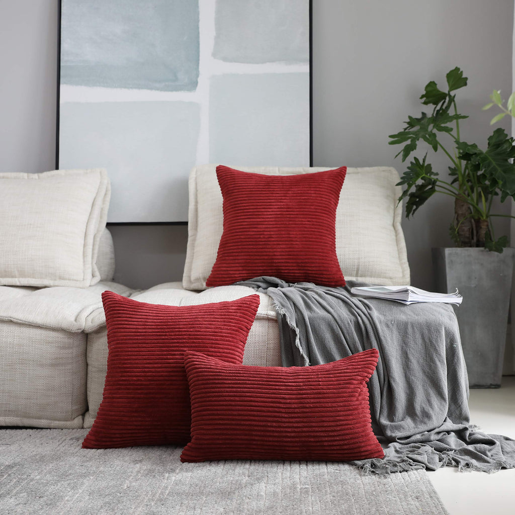 Set of 2 Decorative Pillow Covers Red Striped Corduroy Velvet Square 20x20 Pillow Covers Bedroom Holiday Decor