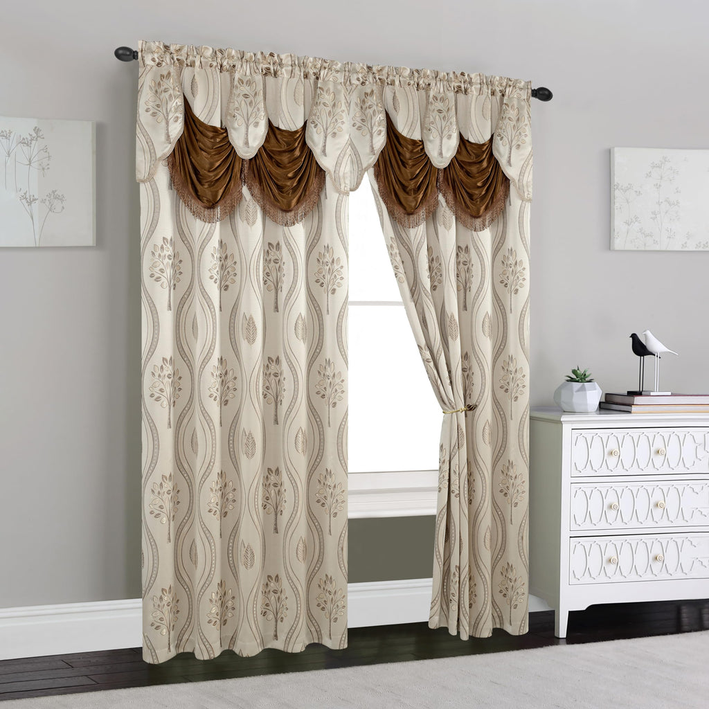 Luxurious Beautiful Curtain Panel Set with Attached Valance and Backing 54" X 84 inch (Set of 2), Beige, Ella 2PC