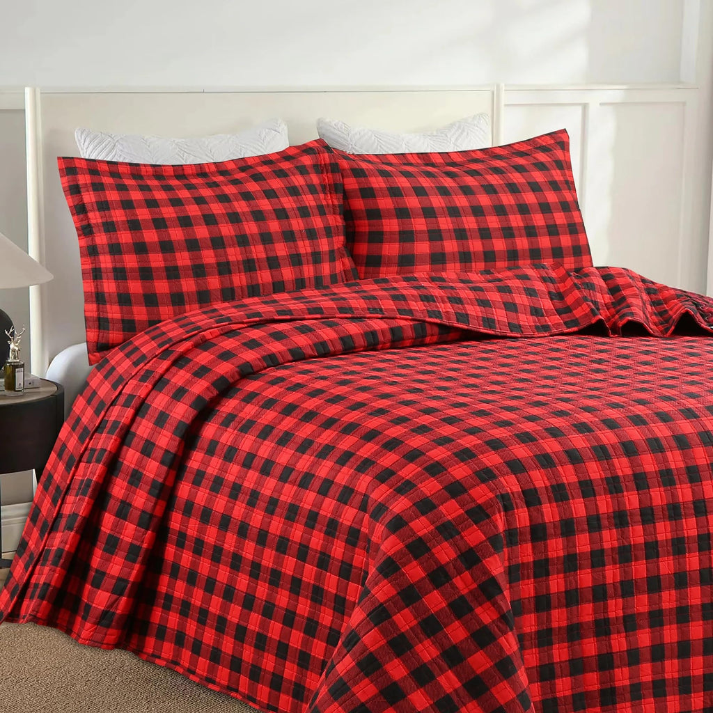 3 Pcs Buffalo Red Christmas Quilt Bedspread Set, Queen