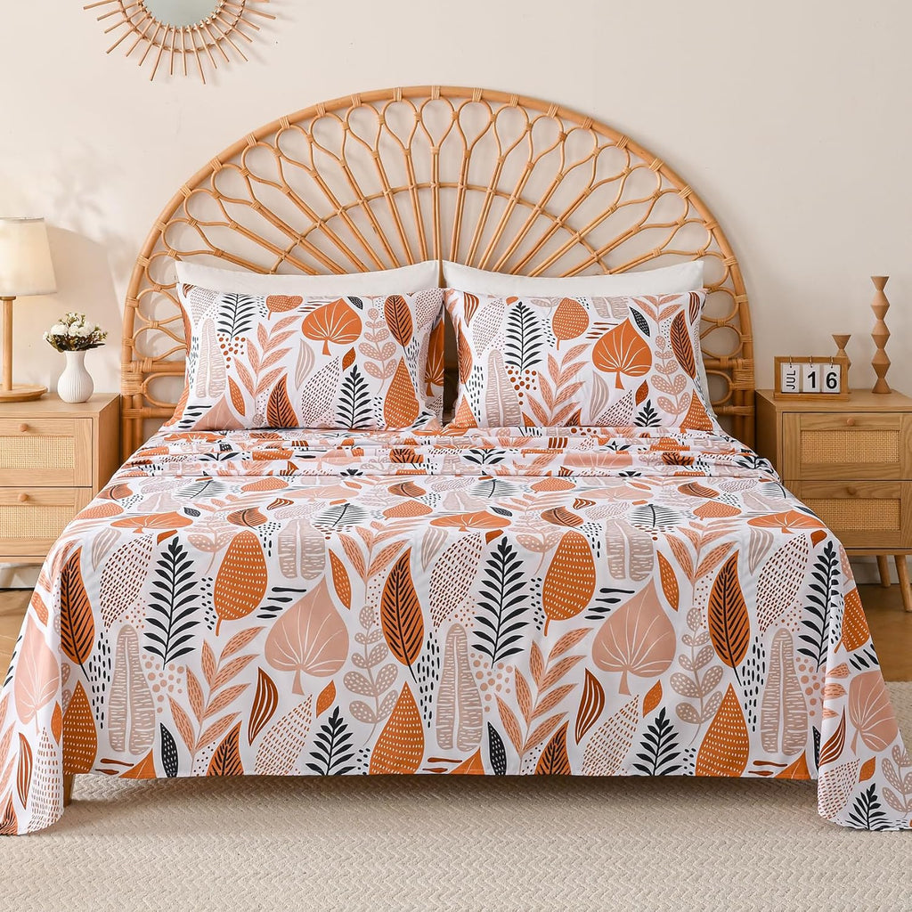 Boho Leaves Printed Sheet Set Queen, Botanical Pattern Bed Sheets Microfiber Bedding Sheets & Pillowcases Soft 15"