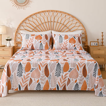 Boho Leaves Printed Sheet Set Queen, Botanical Pattern Bed Sheets Microfiber Bedding Sheets & Pillowcases Soft 15"