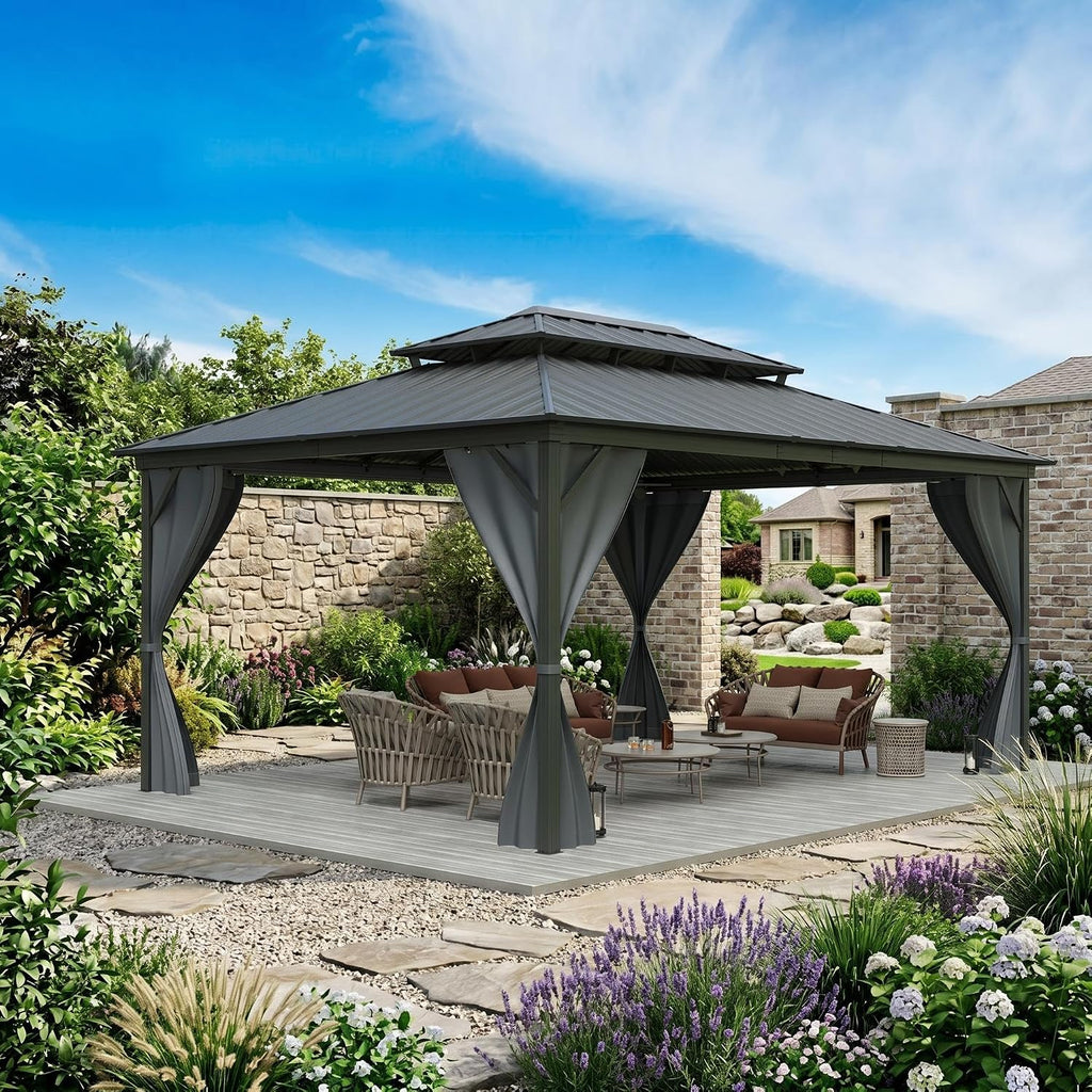 12' x 16' Hardtop Gazebo with Galvanized Steel Double Roof, Heavy Duty Outdoor Gazebo with Netting & Curtains