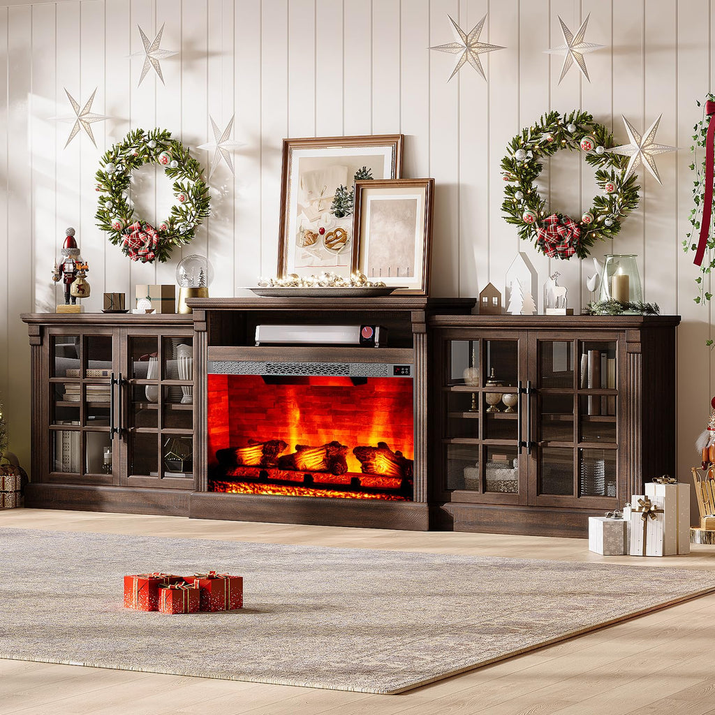 97" Farmhouse TV Stand with 33" Fireplace, Rustic Brown