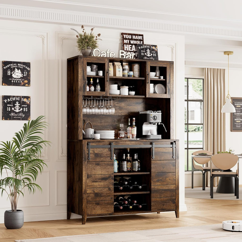 70'' Wine Coffee Bar Cabinet with Storage Hutch, Tall Kitchen Pantry Liquor Cabinet with Sliding Barn Doors, Bottle