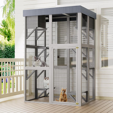 62.6" Outdoor Wooden Cat House Large Catio, Solid Wood Cat Cage Shelter Enclosure Playpen with Anti-UV& Waterproof, 5