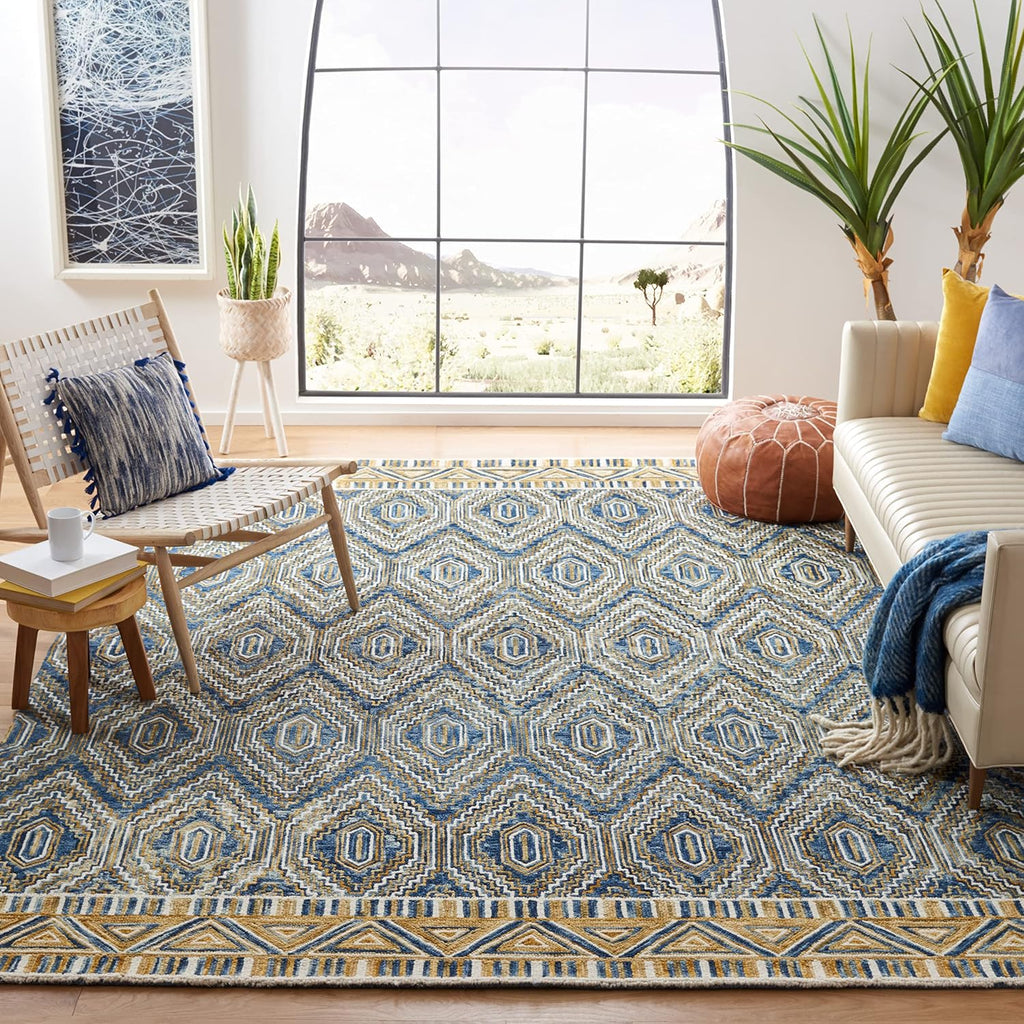 Aspen Area Rug - 10' x 14', Blue & Gold, Handmade Boho Wool