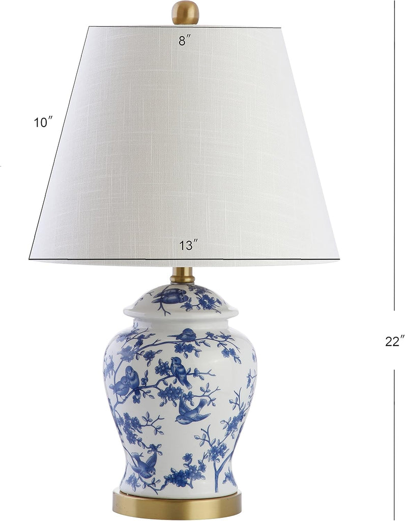22" Blue/White Ceramic Table Lamp, French Country Chinoiserie Ginger Jar LED Bedside Lamp Bedroom, White Linen Shade