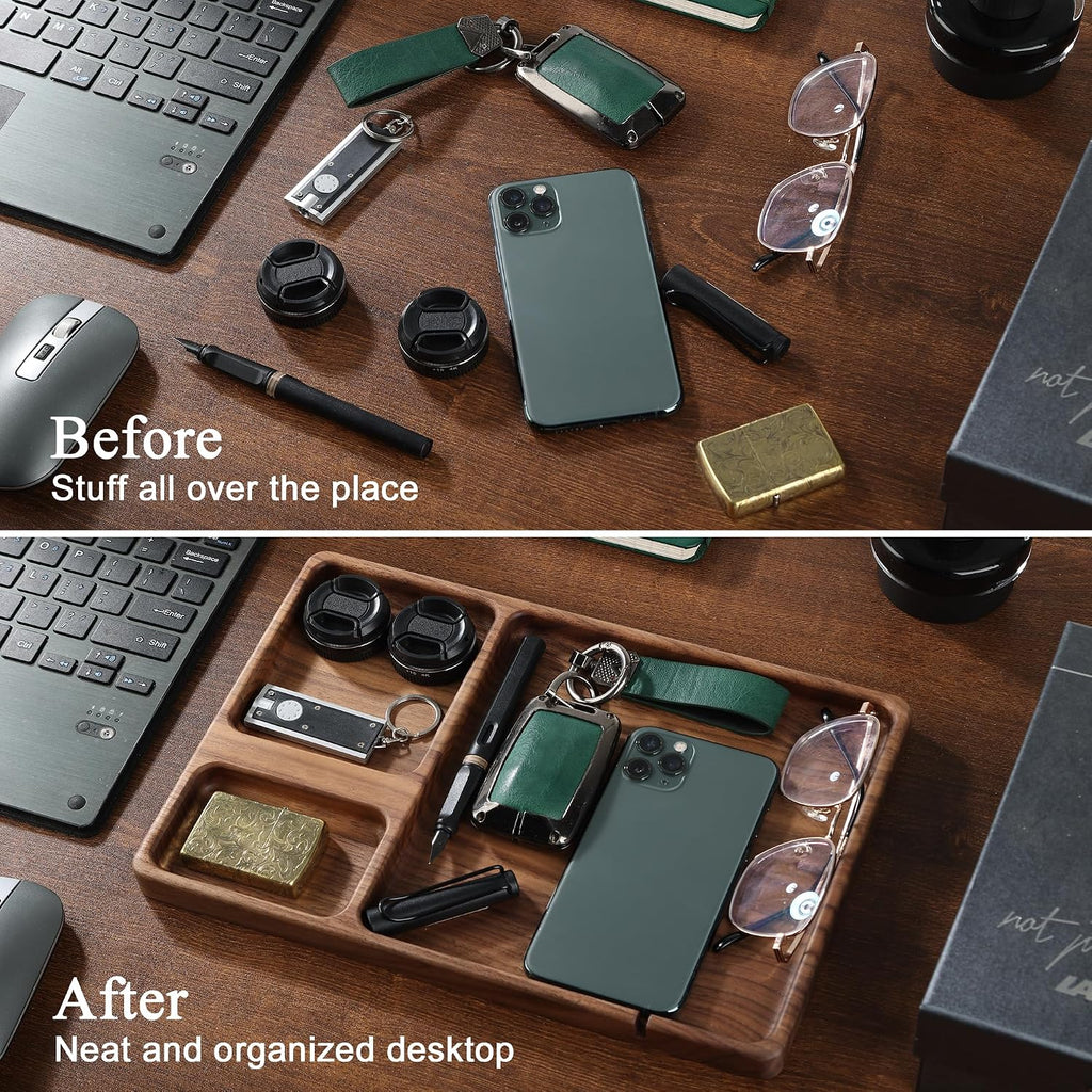 Walnut Wooden Valet Tray - Bedside Table Organizer for Men Dad, Edc Catch All Tray with Cable Slot (11.4 x 7.9 x 0.8